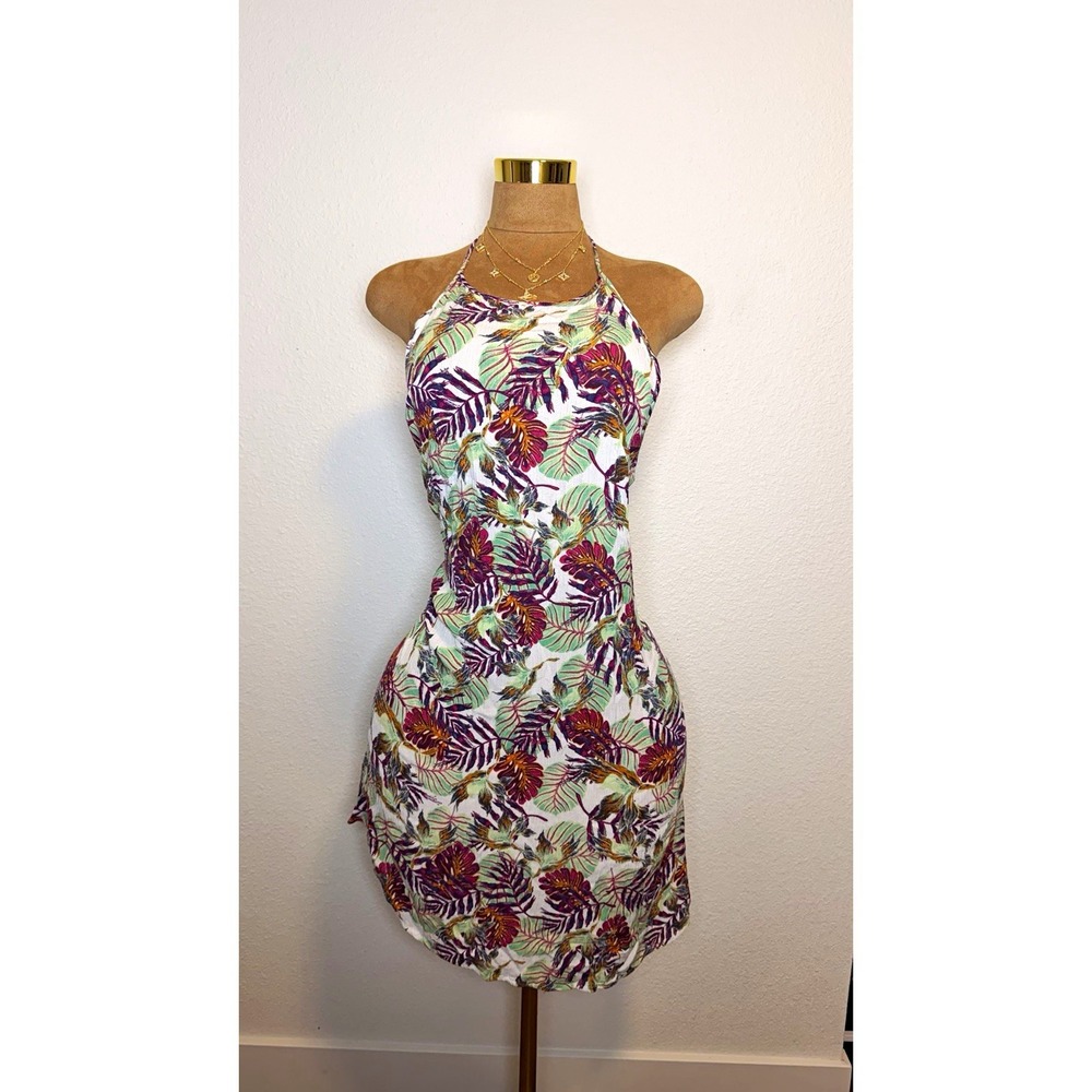 ROXY Womens M Tropical Floral Halter Open-Back Mini Dress Sand Roast ERJWD03061